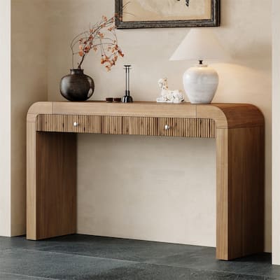 Rustic Console Table with Fluted Drawer Front, Entryway Table with Curved Corners & Thick Legs, Sturdy Sofa Table for Hallway