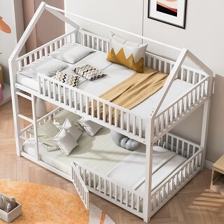 Twin over Twin House-Shaped Design Metal Bunk Bed with Fence and Door