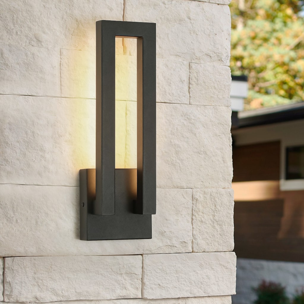 14.6 in. H Satin Black Linear Dimmable Integrated LED Waterproof Outdoor Wall Light Sconce - 4.7 in. W x 14.6 in. H x 2.8 in. D