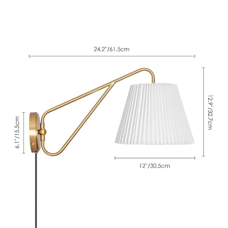 1-Light Mid-Century Modern Pleated Fabric Shade Gold Iron Plug-In Wall Sconce for Bedroom - 12 in. W x 24.2 in. D x 12.9 in. H