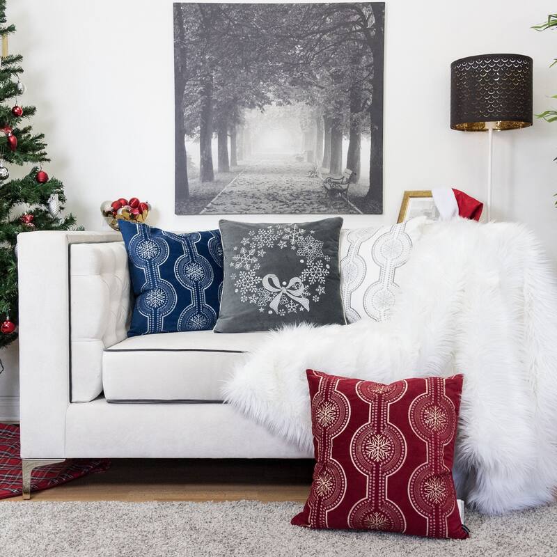 Gray Velvet Holiday Throw Pillow with Snowflake Wreath Embroidery, 20x20 with Insert