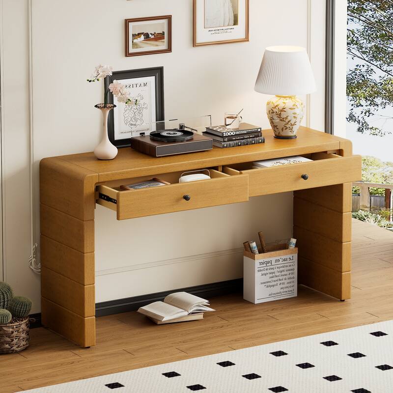 55" Farmhouse Console Table with Drawers & Shelf