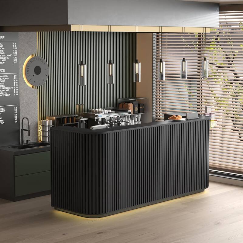 WESOME 70.87in Black Mid Century Curved Reception Desk with Outlet Cable Box LED Light