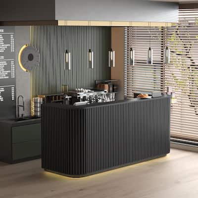 WESOME 70.87in Black Mid Century Curved Reception Desk with Outlet Cable Box LED Light