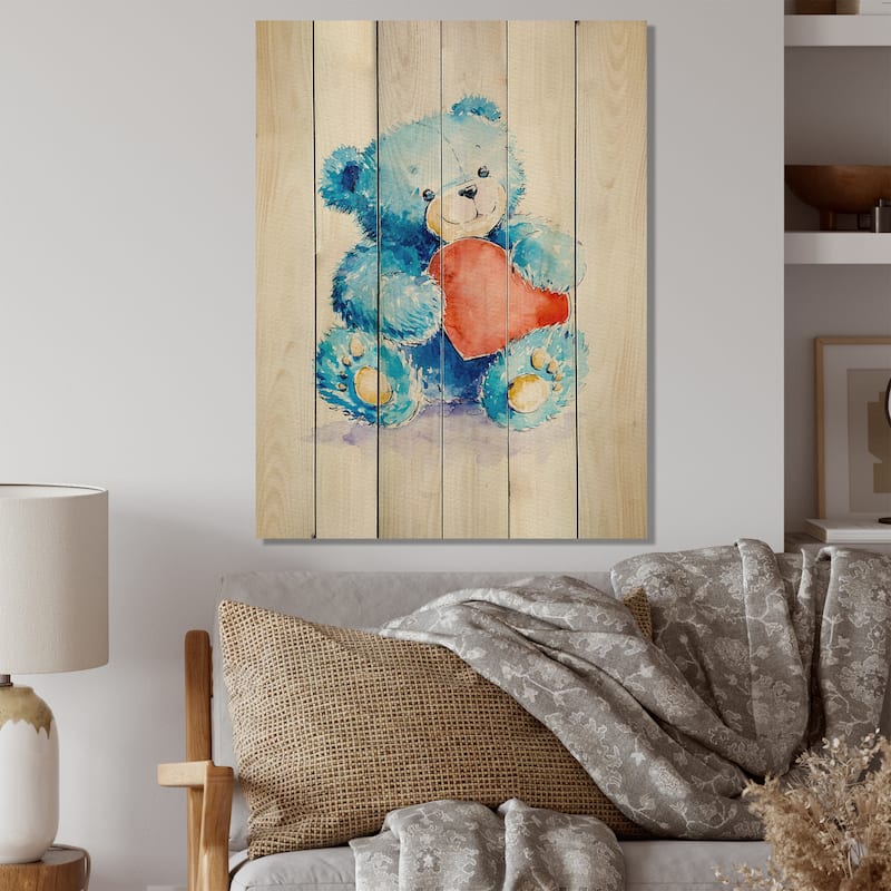 Designart 'Happy Valentine Day Cute Teddy' Traditional Wood Wall Art Panels - Natural Pine Wood