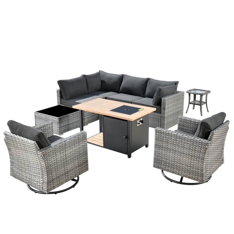 XIZZI 9-piece Outdoor Patio Wicker Sectional Sofa Set with Fire Pit Table