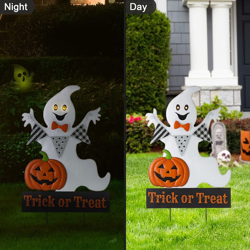 Glitzhome Halloween LED Ghost Cat Pumpkin Nutcracker Yard Stakes Standing Sign Hanging Decor