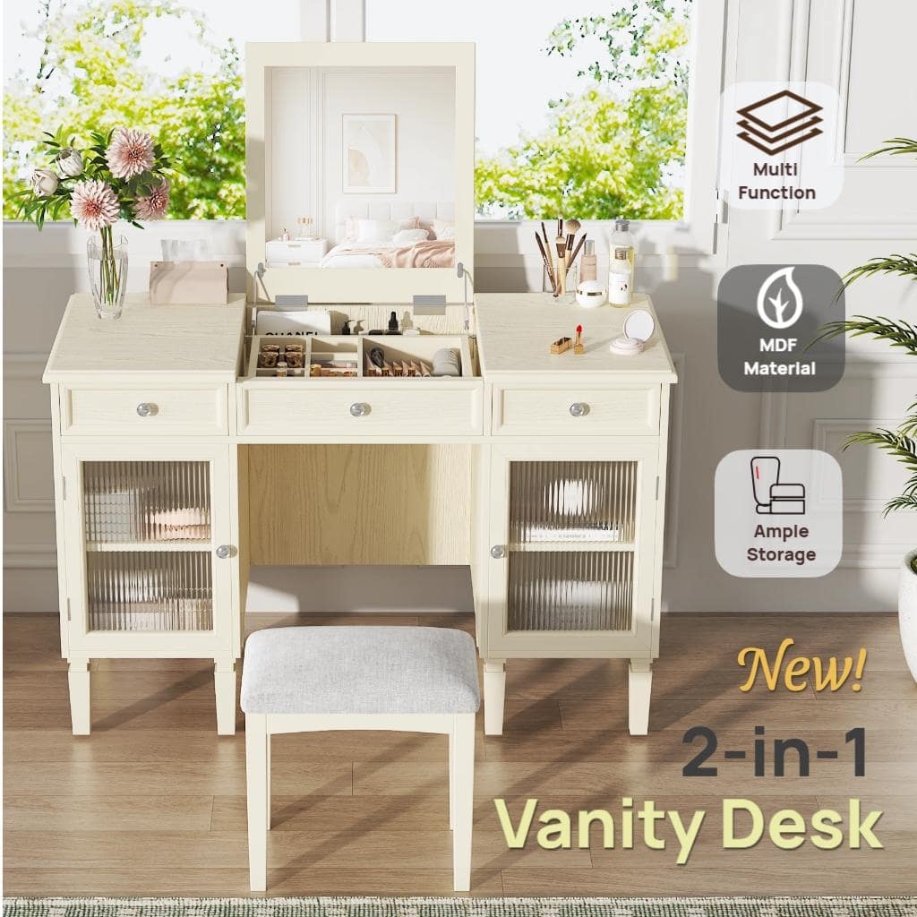 2-in-1 Makeup Vanity Writing Desk with Hidden Fold-Down Mirror & Cabinet, Computer Workstation Dressing Table Set with Stool