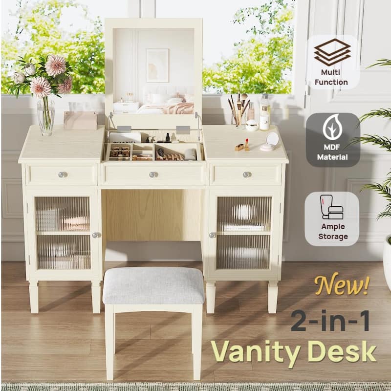 2-in-1 Makeup Vanity Writing Desk with Hidden Fold-Down Mirror & Cabinet, Computer Workstation Dressing Table Set with Stool - White Oak