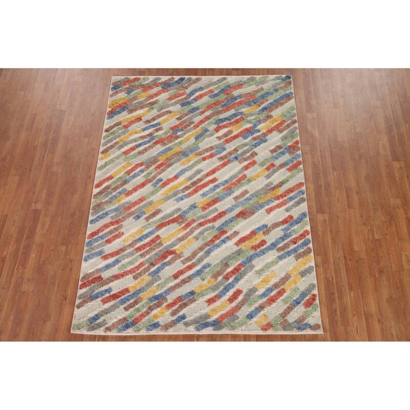Hand Knotted Oriental 100% Wool Carpet Modern Stripe Multi-Colored Abstract Area Rug - 7' 9'' X 5' 8''