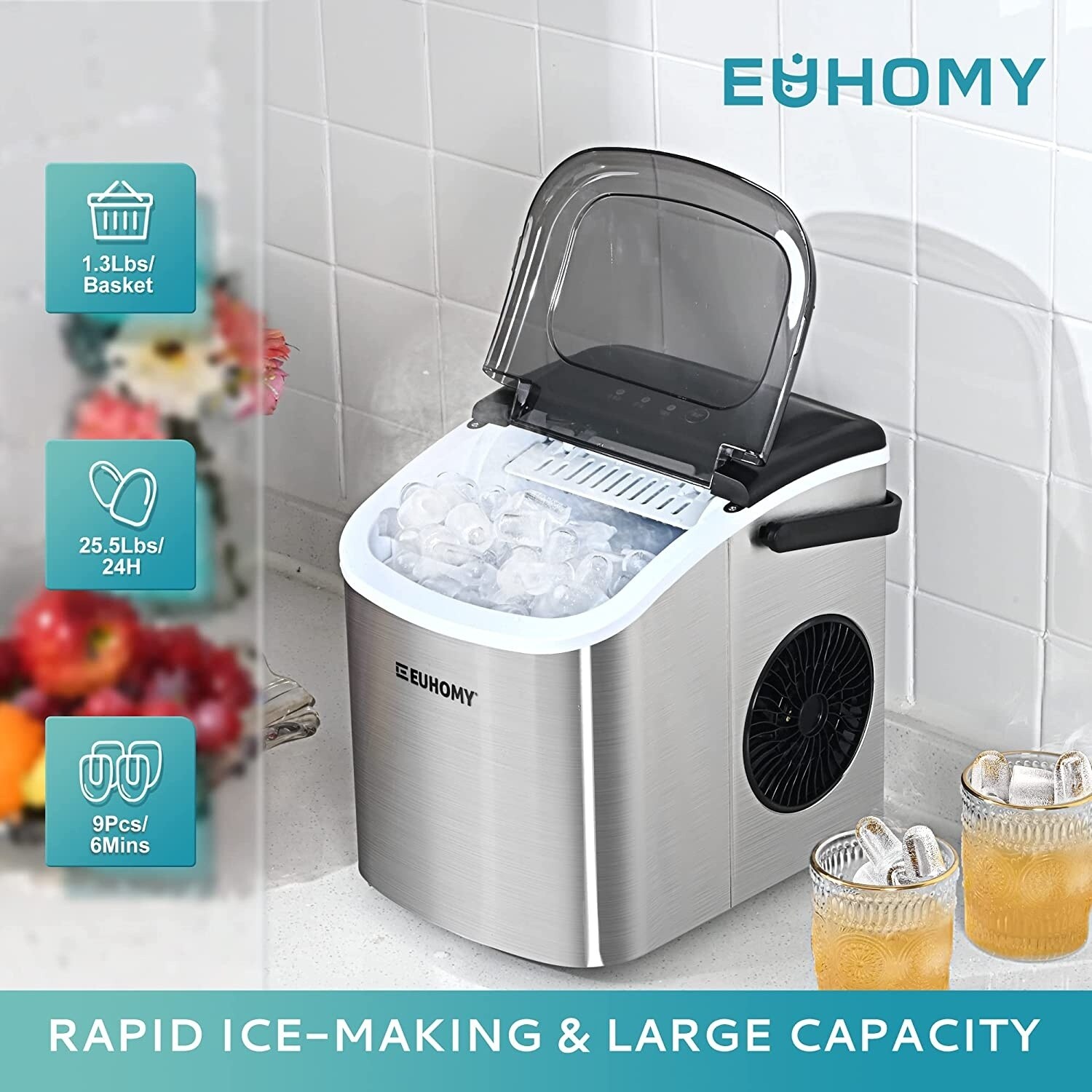 Euhomy Portable Compact Ice Maker Sliver