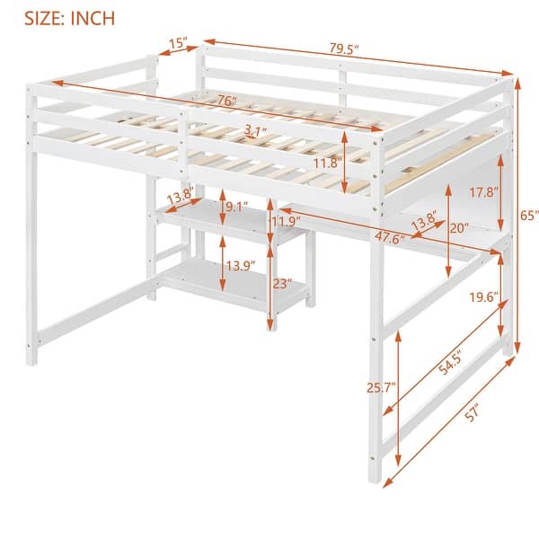 dimension image slide 0 of 2, Multifunctional Design Loft Bed with Shelves, Desk and Board, Maximized space, Full size