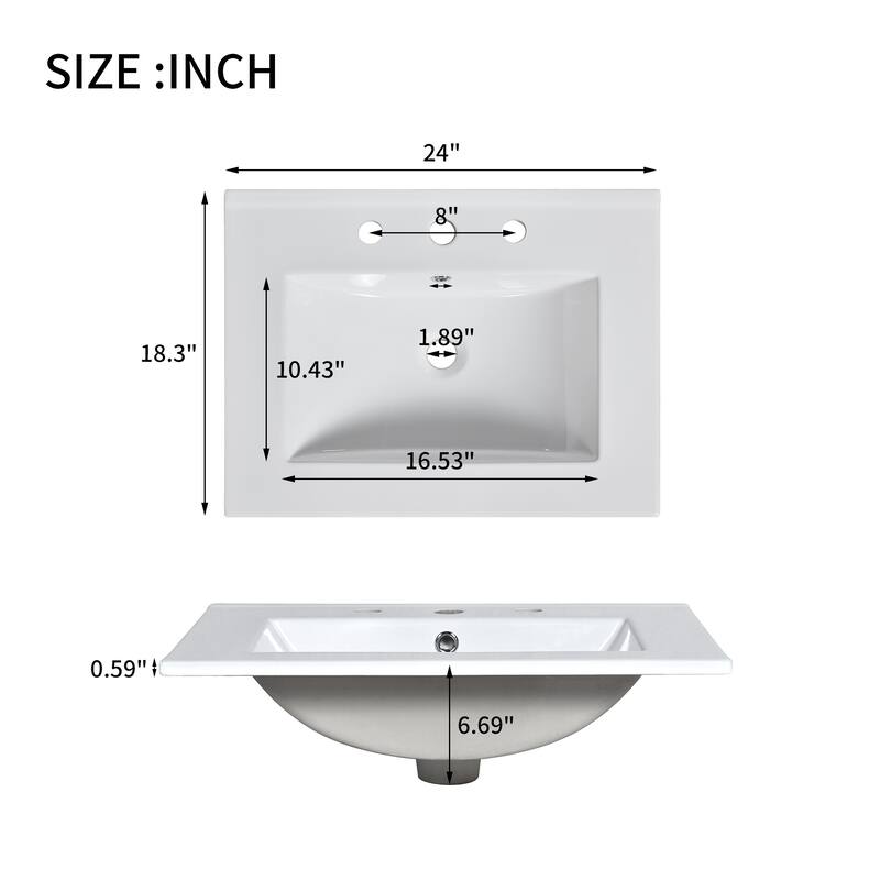 24" Wood Bathroom Vanity with Ceramic Sink and 2 Drawers