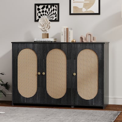 Buffet Cabinet with Artificial Rattan Doors, 3-Door Sideboard Cabinet with Shelves, Coffee Bar Cabinet with Metal Handles