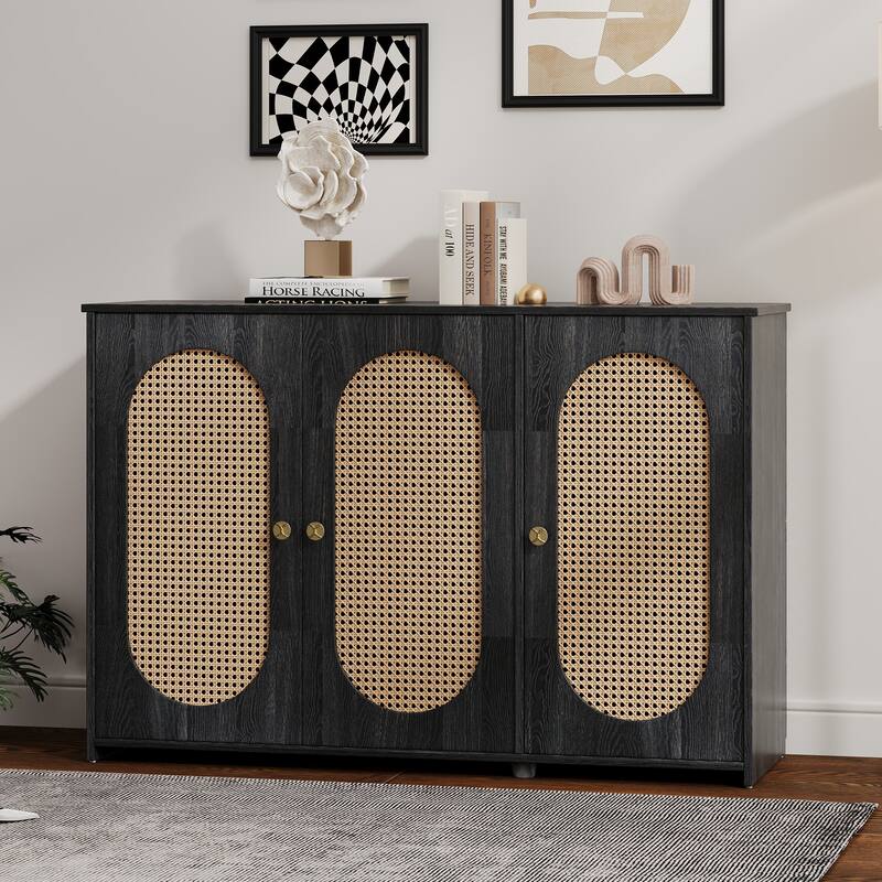 Oval Rattan Doors Black Sideboard with Adjustable Shelves