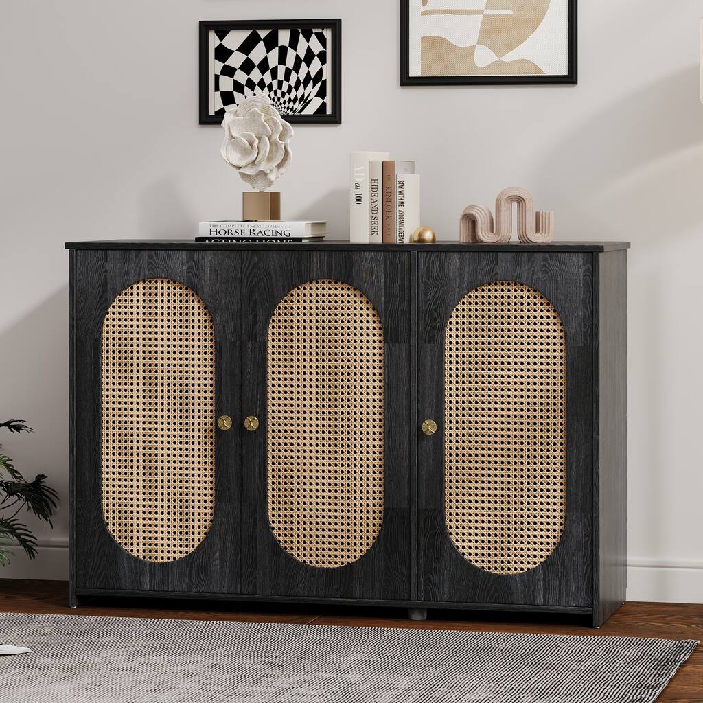 Retro 3-Door Sideboard with Large Storage Space Artificial Rattan Doors and Metal Handles, Accent Cabinet