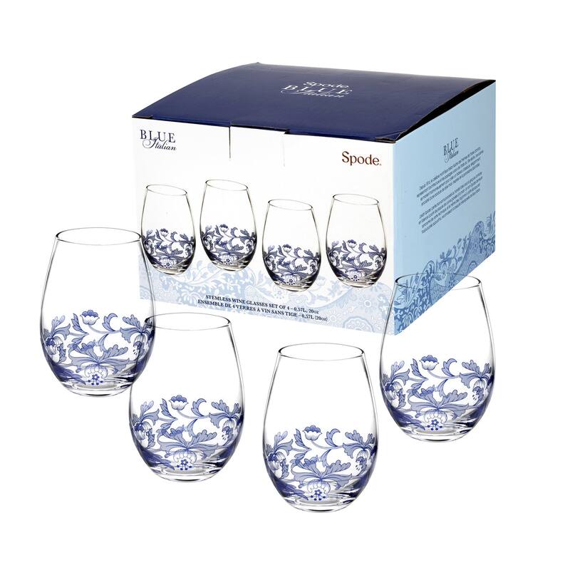 Spode Set of 4 Blue Italian Stemless Wine Glass - 19 oz. - 19 oz. - Blue/Clear