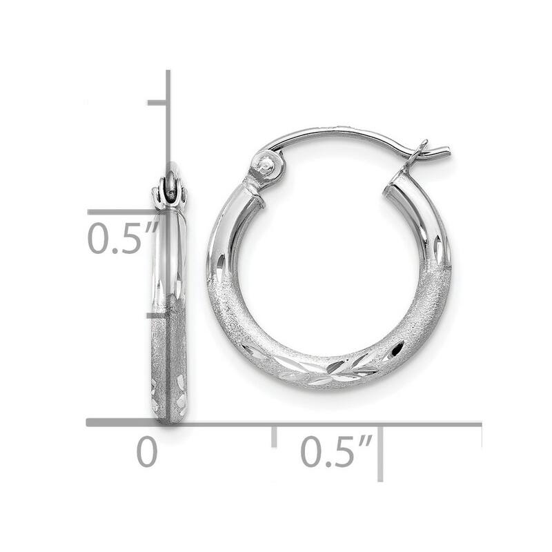 Curata 14k White Gold Satin and Sparkle Cut Round Hoop Earrings - 15x15mm