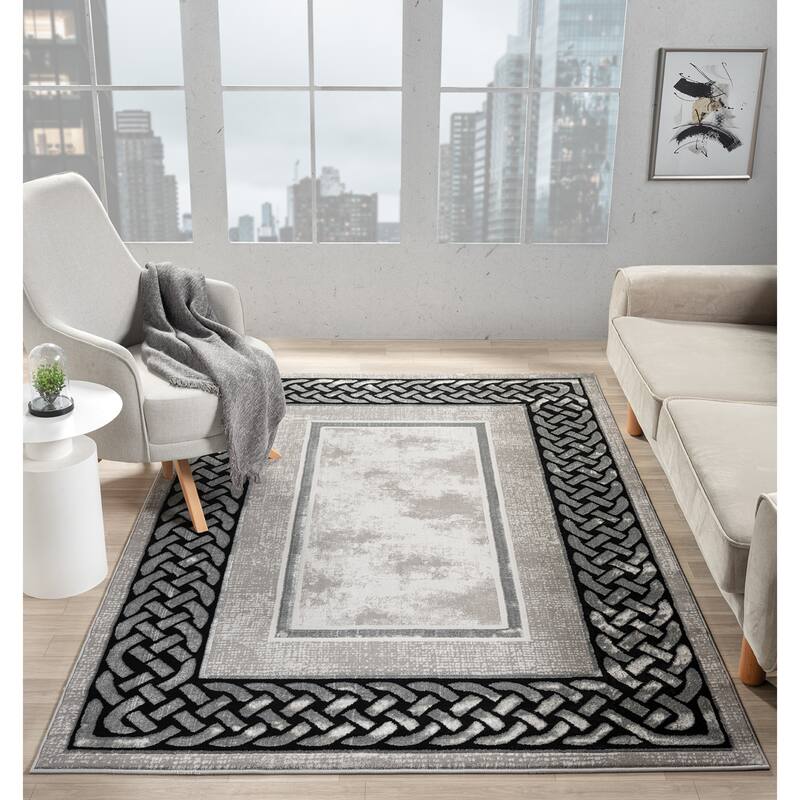 Ksamil Collection Dark Grey/Black Abstract Border Area Rug