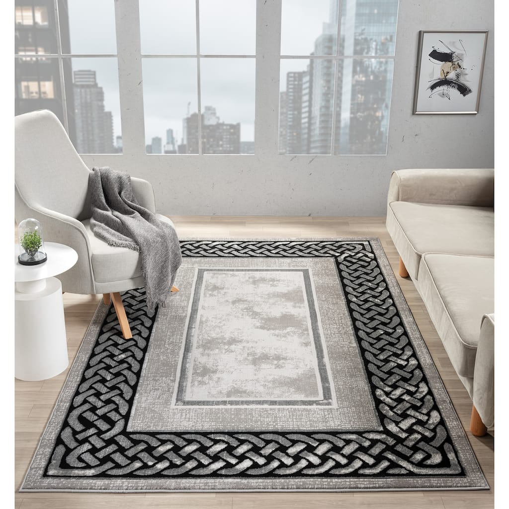 Ksamil Collection Dark Grey/Black Abstract Border Area Rug