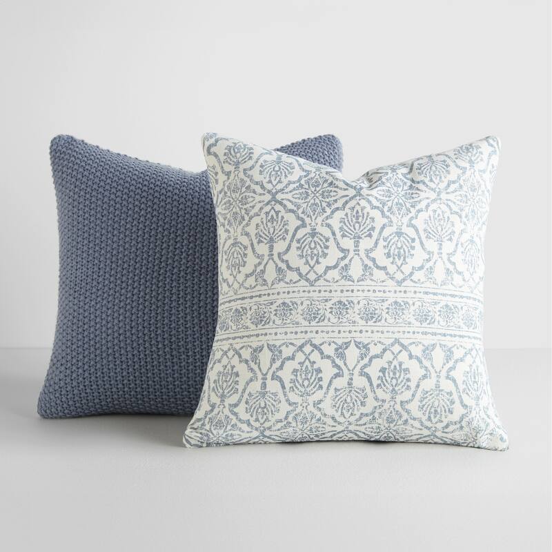 2-Pack Decor Throw Pillows Seed Stitch Knit with Cotton Patterns in Antique Floral - Blue