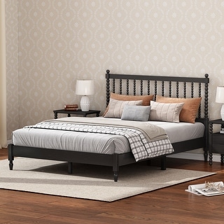 Antique Black Queen Wood Platform Bed Frame with Gourd Headboard - Bed ...