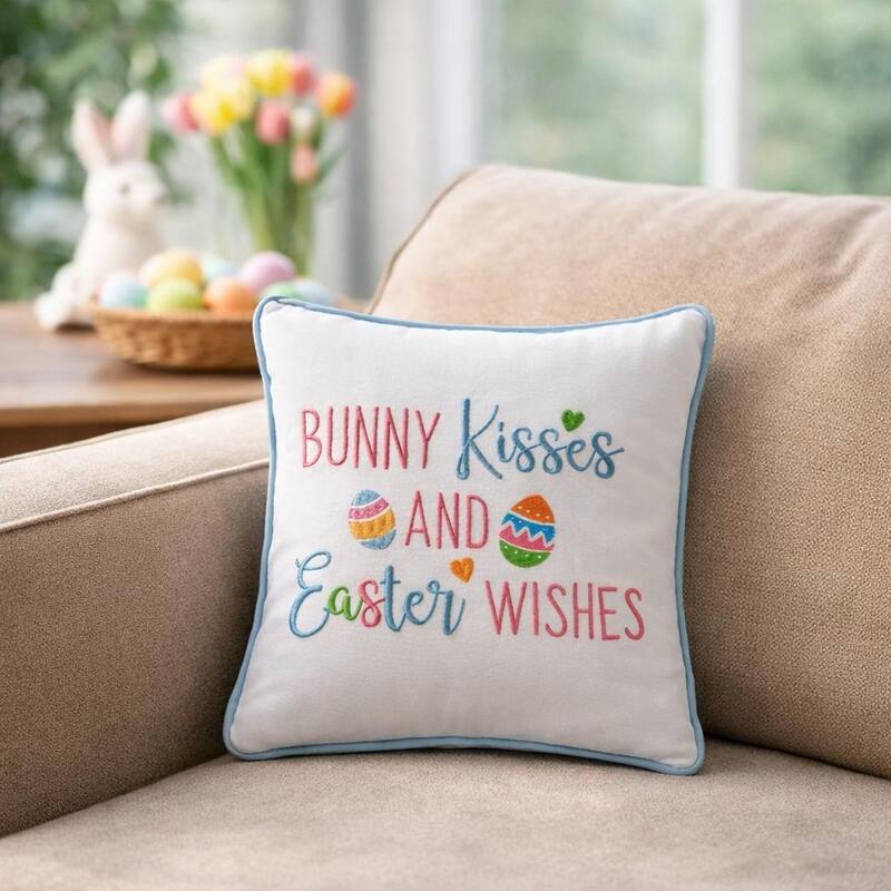 "Bunny Kisses & Easter Wishes" Easter Cotton Blend Mini Accent Pillow 10" x 10"