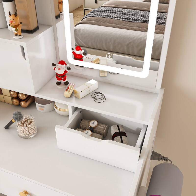 3-Color LED Vanity Mirror with Stool，Dressing Table for Bedroom, 2 Drawers & 5 Storage Cabinets (4 Open + 1 Hidden)
