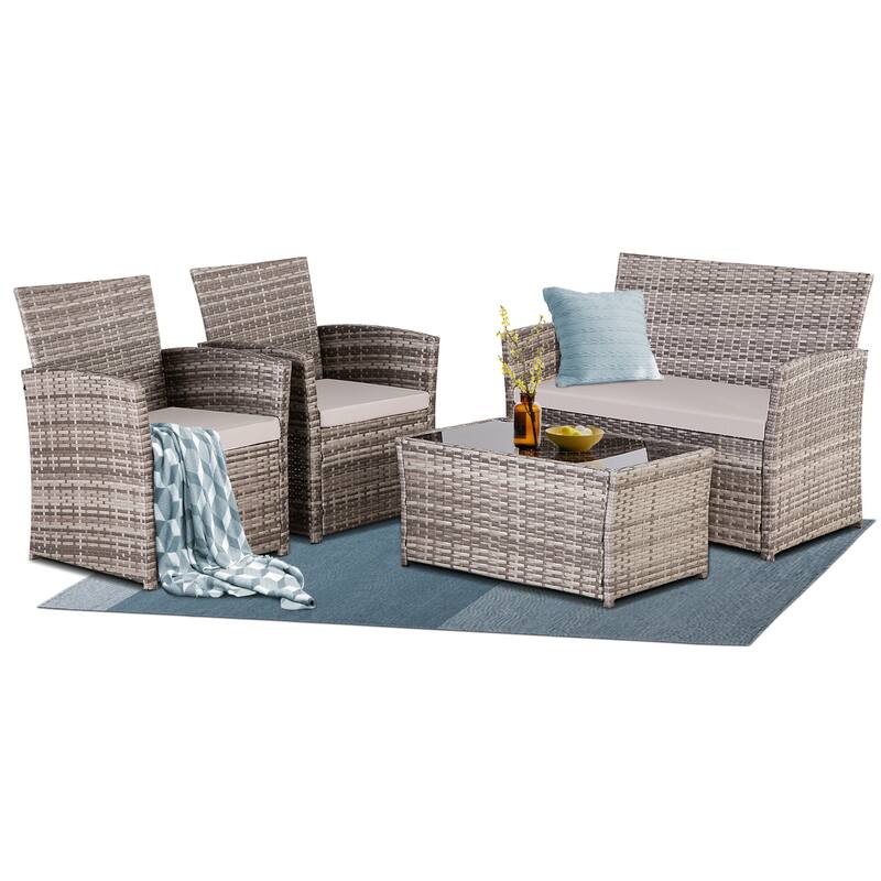 4 PCS Wicker Patio Conversation Set Rattan Seating Sofa Chair