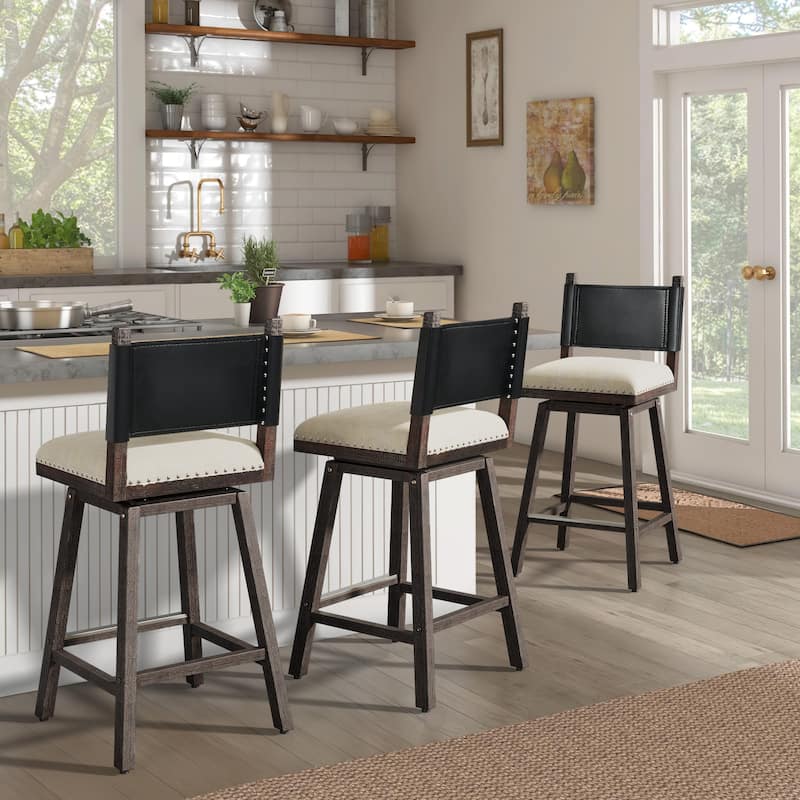 Moasis Solid Wood and Linen Swivel Counter Stool with Nailheads