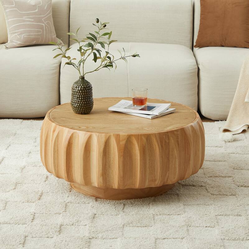 Round Coffee Table, Drum Coffee Table Contemporary Wood Round Coffee Table with Fluted Centry Table