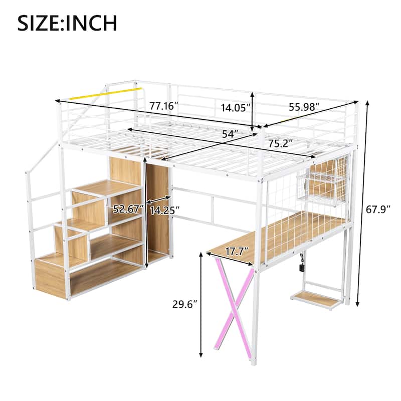 Full Size Metal Loft Bed With Built-In Work Station, Wardrobe, Storage Staircase And LED