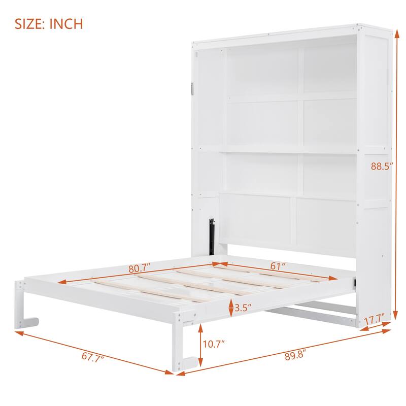 Foldable Wall Bed Queen Size Murphy Bed with 2 Layer Storage Shelves