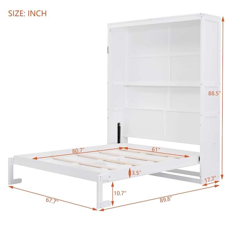 Queen Murphy Wall Bed with Shelves, White, Dual-Piston, Space-Saving Cabinet, 600 lb Capacity, 8-12 in Mattress