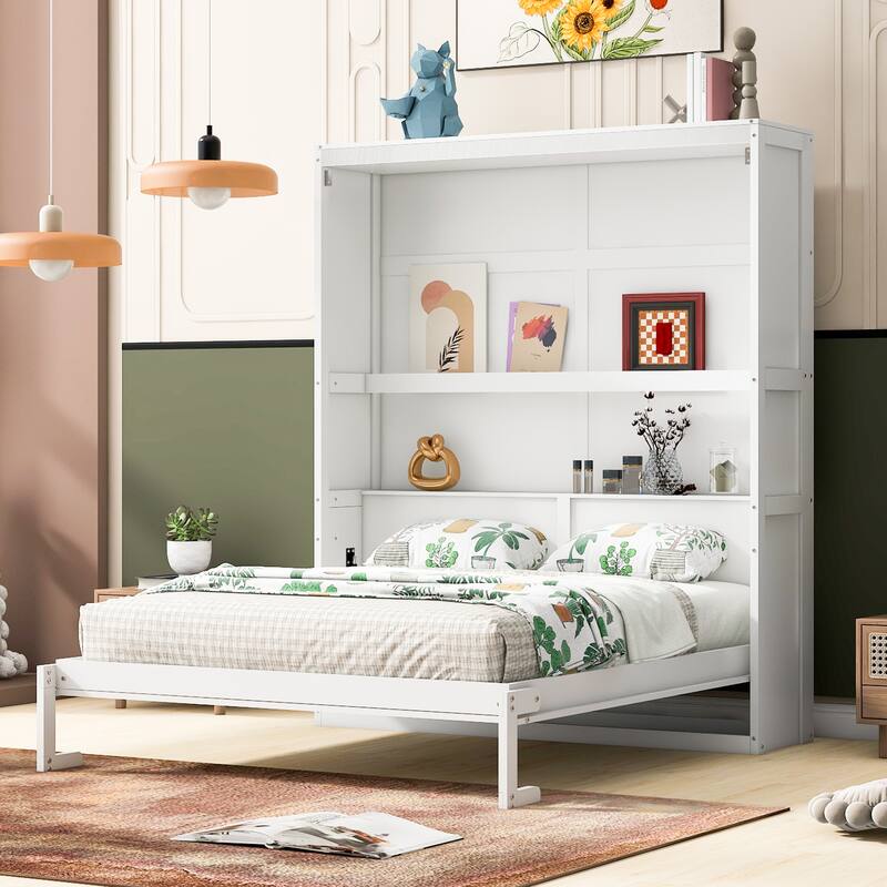 Murphy Bed Wall Beds with Storage Shelves Hide Away Platform Bedframe Easily Folds into Wood Cabinet, Noise Free - White - Queen