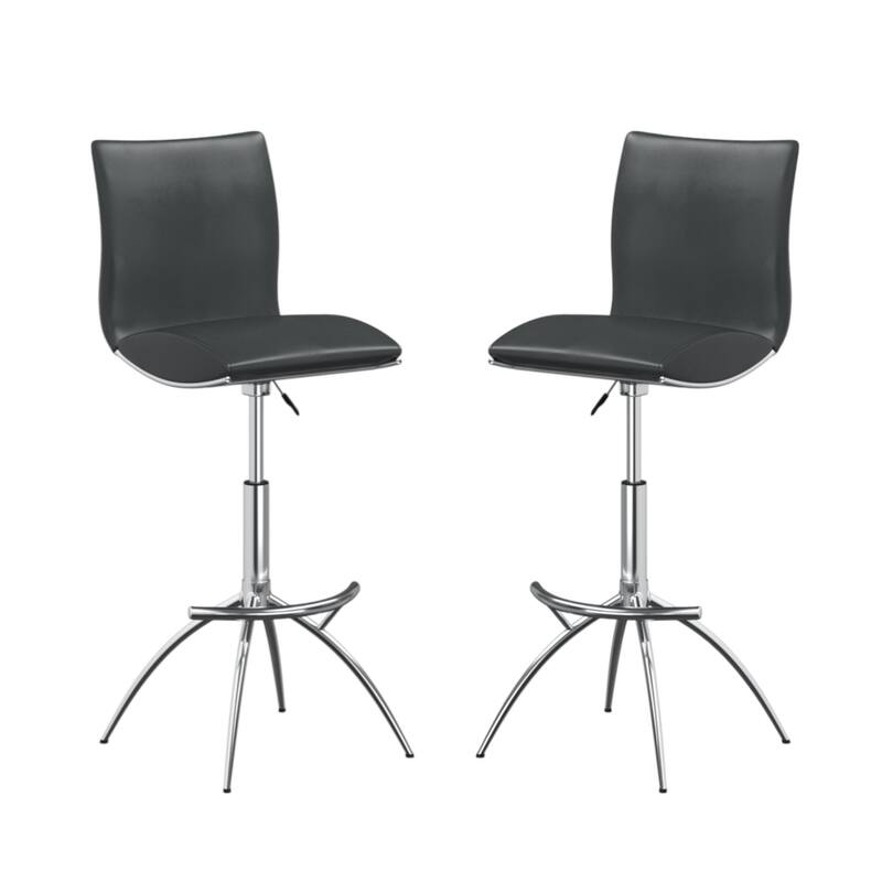Set of 2 Contemporary Bar Stools with Faux Leather Saddle Seats and Adjustable Metal Base - 39”H x 17”W x 15”D