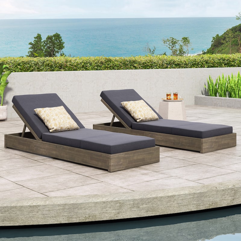 Christopher Knight Home - Elowen Patio Acacia Chaise Lounge With Cushion - Sandblast Grey+Dark Grey+2 Piece+79"