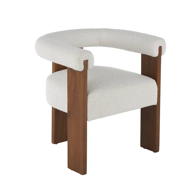 Cream Polyester Curved Back Mid Century Modern Round Boucle Living Room Accent Chair with Brown, Light Brown or Black Wood Frame