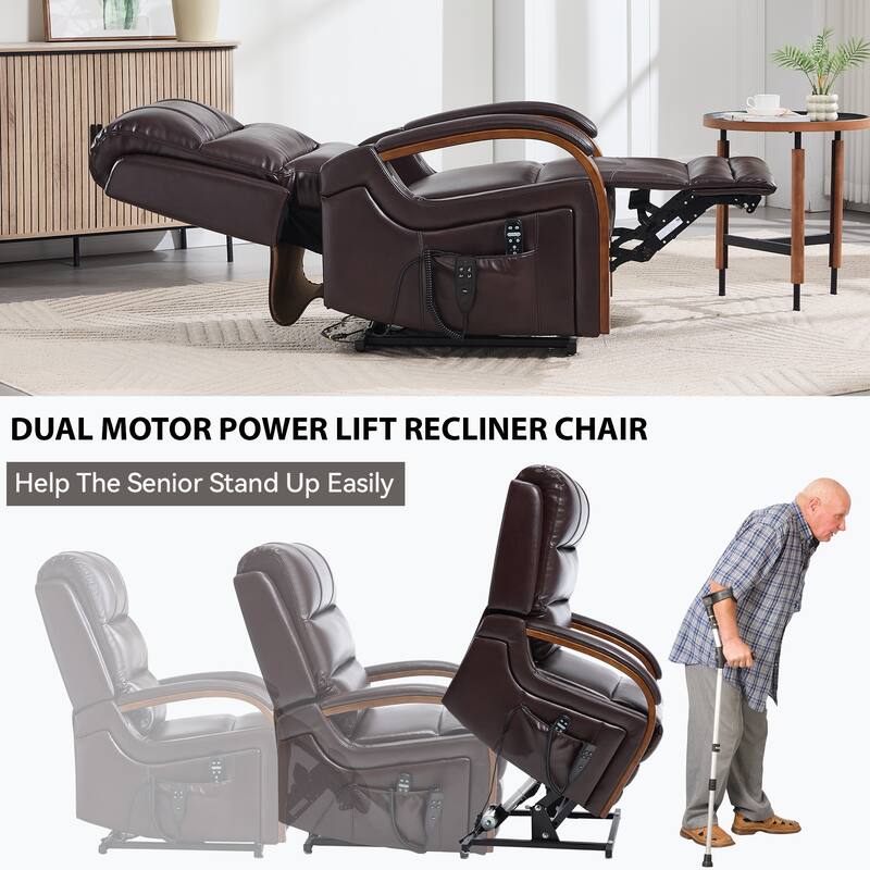 Power Leatheraire Lift Recliner Chair Dual Motor Infinite Position Up to 350 LBS with Solid Wood Armrests