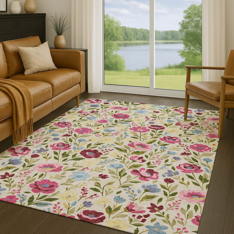 Machine Washable Indoor/ Outdoor Floral Garden Chantille Rug