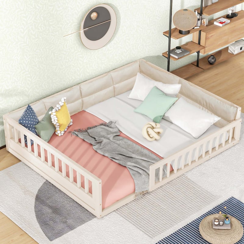 Wood Upholstered Platform Bed with Guardrail and Pillow - Beige