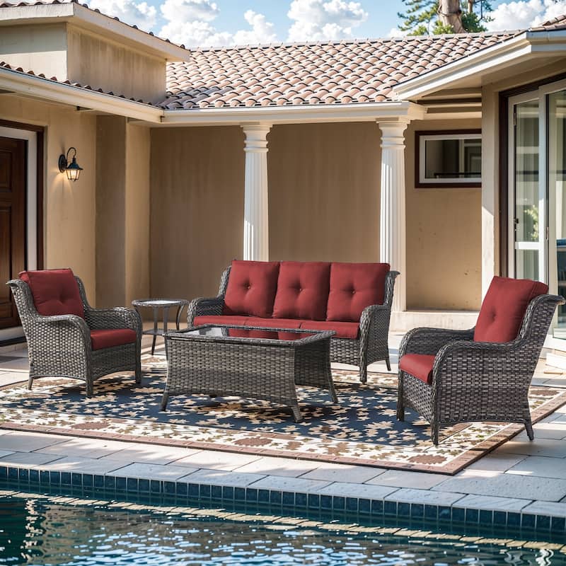 Pocassy 5 Pieces Outdoor Patio 3-Seat Sofa Chairs with Coffee Table - Red cushion - Gray Wicker