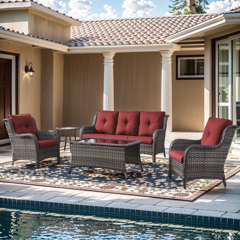 Pocassy Outdoor Patio Sofa Chairs with Coffee Table - 5 Pieces 3-Seat Sofa Patio Chair with Table - Grey Rattan Red Cushion