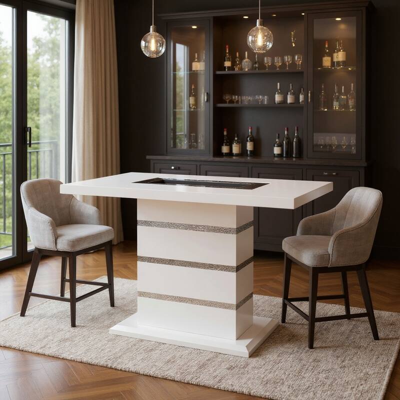 HomeRoots 63" White Silver And Black Glass Faux Crystal And Wood Rectangular Bar Table - 63.40 in. x 38.00 in. x 41.70 in. - White/Silver/Black