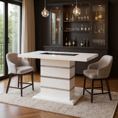 HomeRoots 63" White Silver And Black Glass Faux Crystal And Wood Rectangular Bar Table - 63.40 in. x 38.00 in. x 41.70 in.