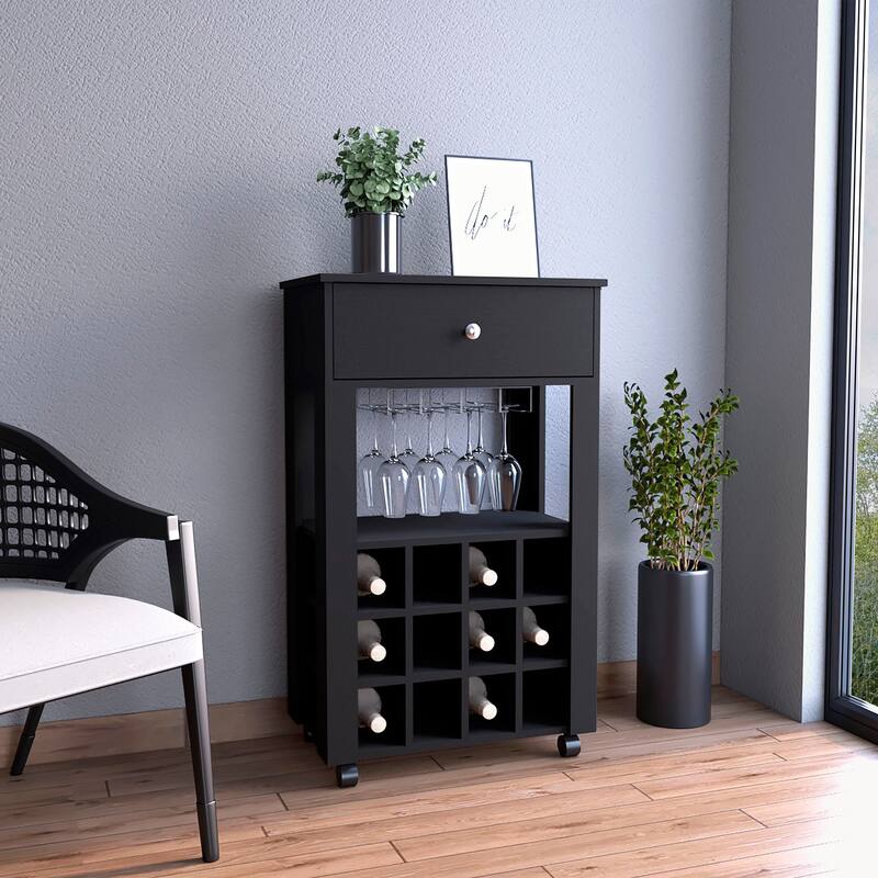 12-Bottle Wine Rack Bar Cart with Stemware Rack, Drawer, and Caster Wheels, Black Finish