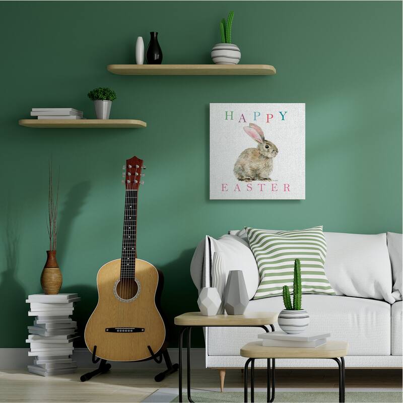 Stupell Happy Easter Phrase with Woodland Bunny Rabbit Canvas Wall Art