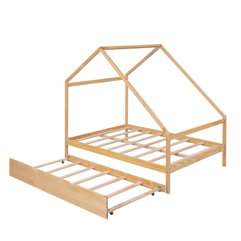Full Size Wooden Montessori Bed Frame with Twin Trundle Bed, Simplistic