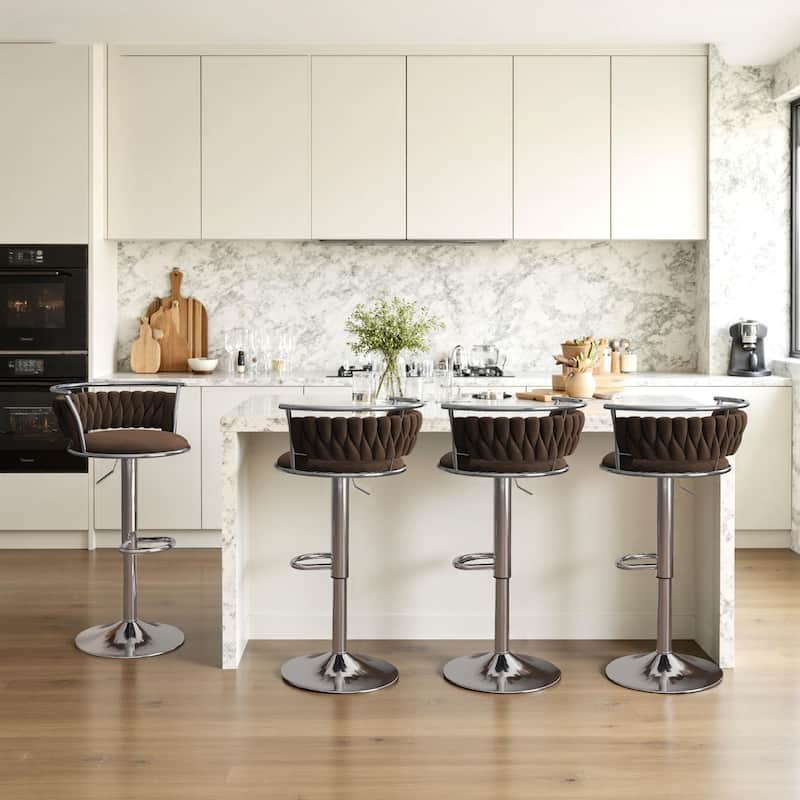 Velvet Upholstered Adjustable Bar Stool Swivel Counter Chair Set of 2 - Coffee/Silver - Set of 4