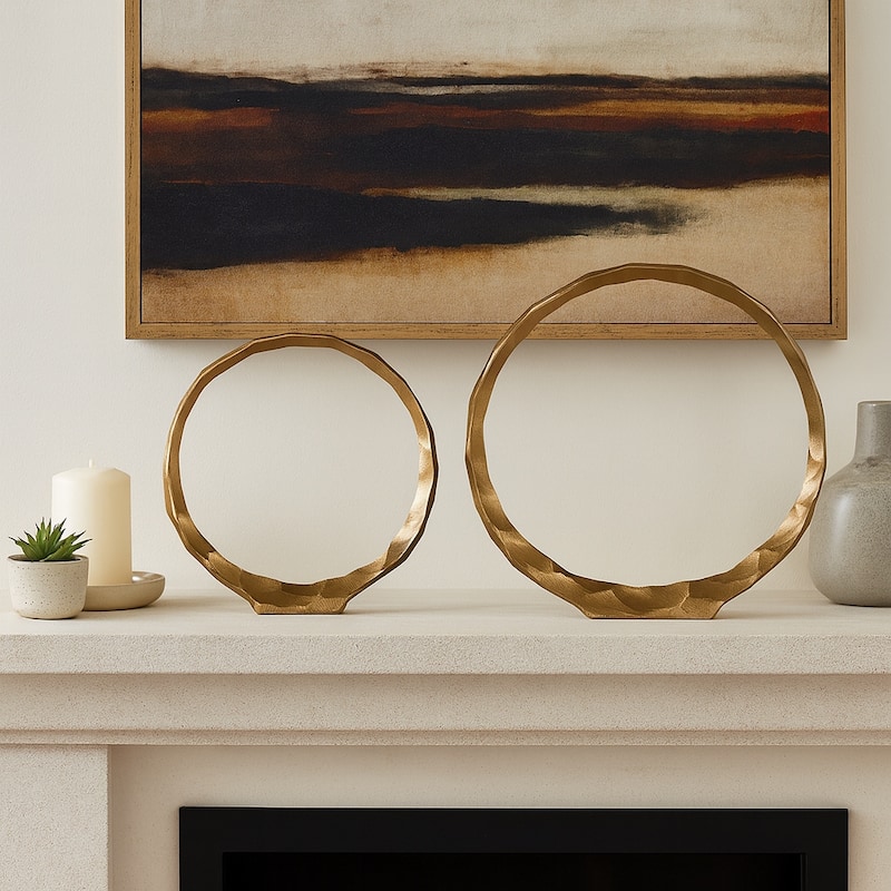 Set of 2 Hammered Metal Decorative Ring Sculptures - Contemporary Abstract Gold Aluminum Ring Statues for Home or Office